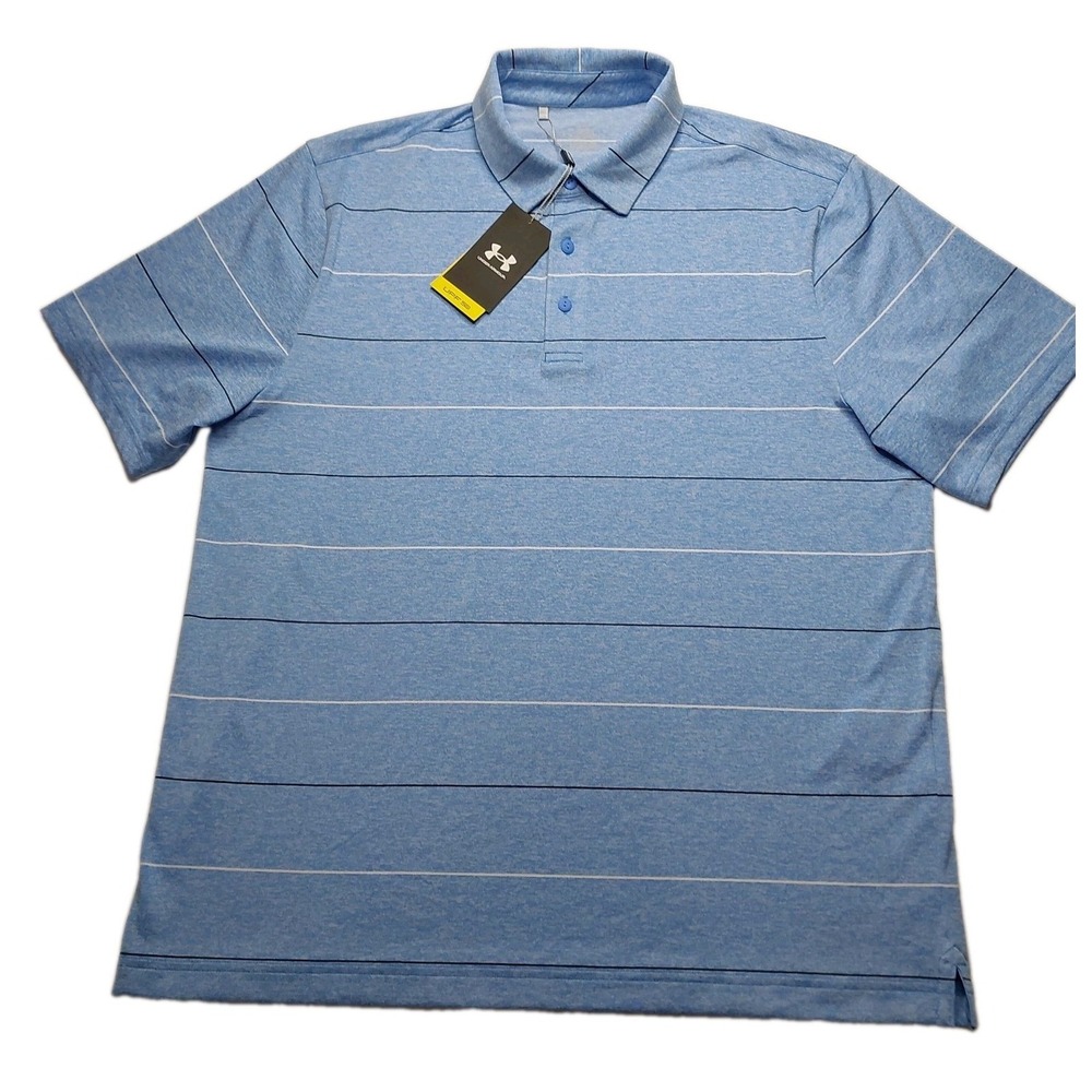 NWT Under Armour Golf Polo UPF 50 men's L Blue Stripe